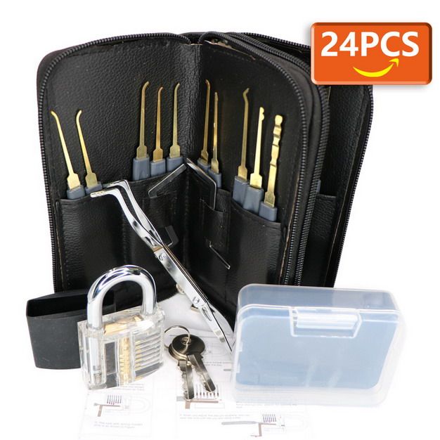 wholesale 24 pcs 301 stainless steel training lock pick set with one practice lock