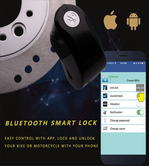 Anti- theft 115db alarm APP bluetooth zinc alloy Motorbike Disc Sensor Alarm Lock 