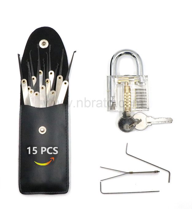 Stainless Steel 15 pcs professional unlocking Lock Pick Set Lock Smith Training Tools with one Transparent Padlock