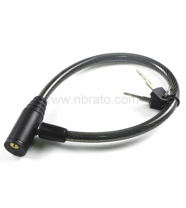 OEM length steel alloy cable covered with a flexible black plastic bicycle key cable lock