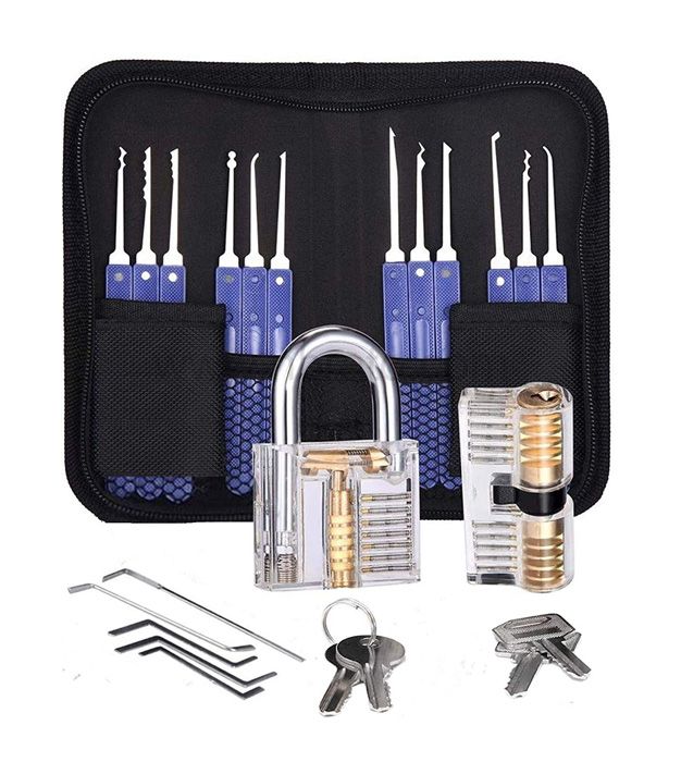 Premium Practice 7 pin tubular Lock Picking Tools with 2 Transparent padlock 17 pcs lock pick set