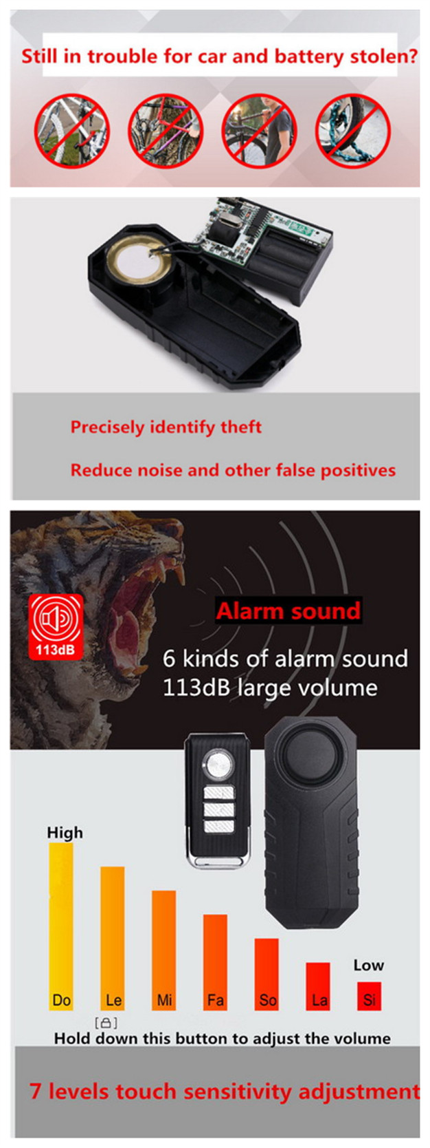 Waterproof Battery Supply 113dB Wireless Remote Control Security Car Alarm