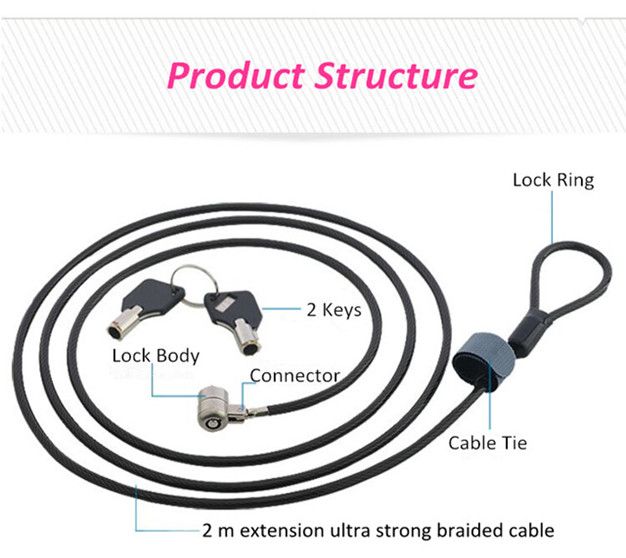 Zinc Alloy Black Laptop High Security Computer Cable Key Lock