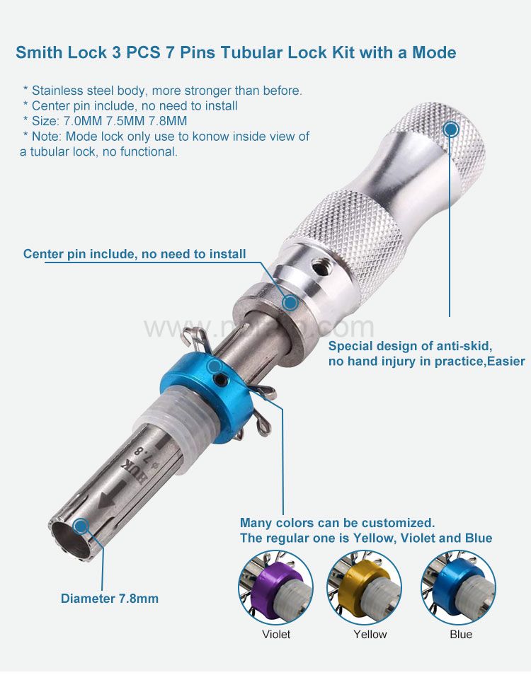 Adjustable Tubular Smith Pick Tool Lock 3 PCS 7 Pins Tubular Lock Kit with a Mode