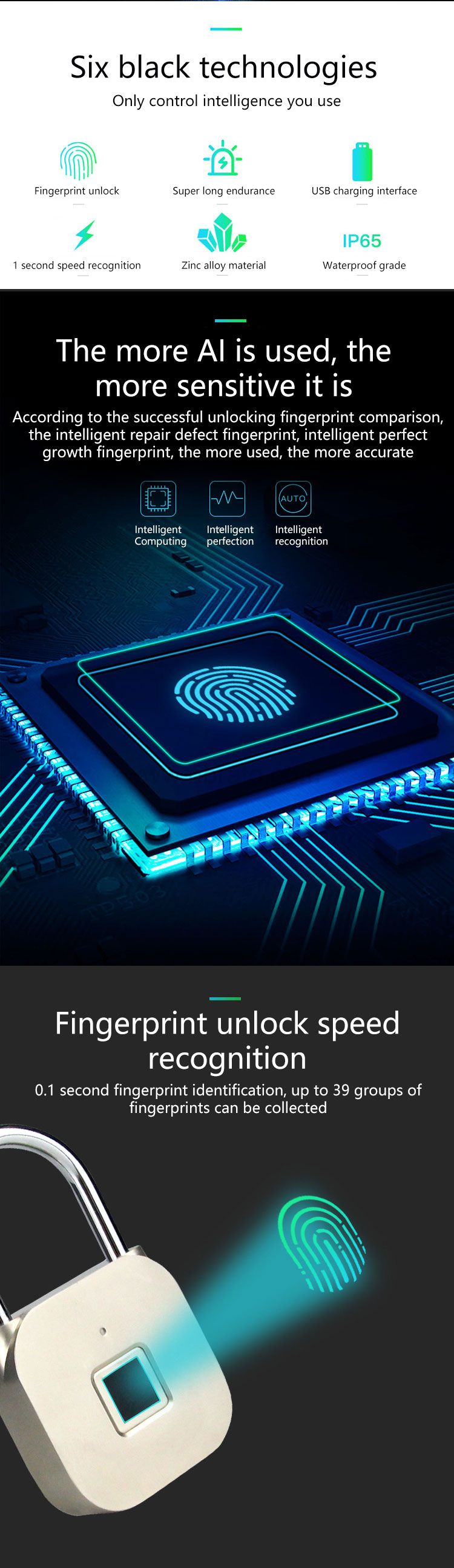 2020 new product high quality waterproof smart lock small keyless electronic lock Fingerprint padlock