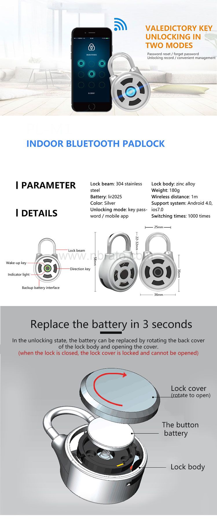 High quality intelligent bluetooth keyless door lock with smartphone app smart padlock
