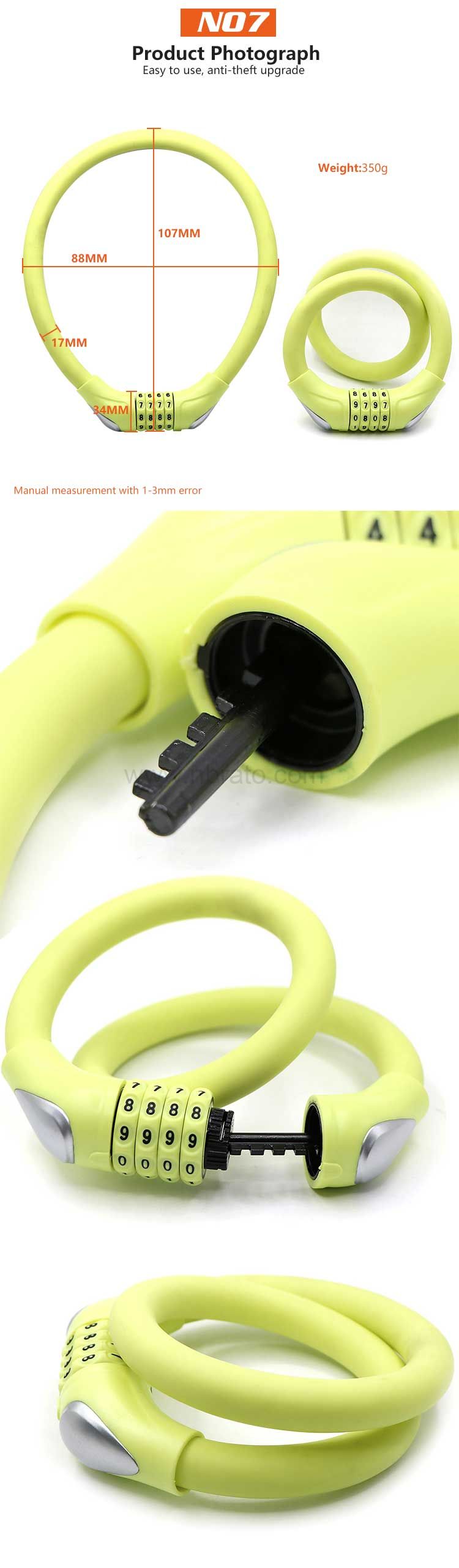 17mm Diameter Basic Self Coiling 4 Digit Resettable Combination Cable Security Bike Lock