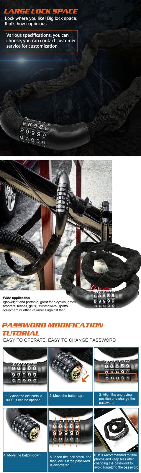 heavy duty anti theft password lock 5 digit bike chain lock