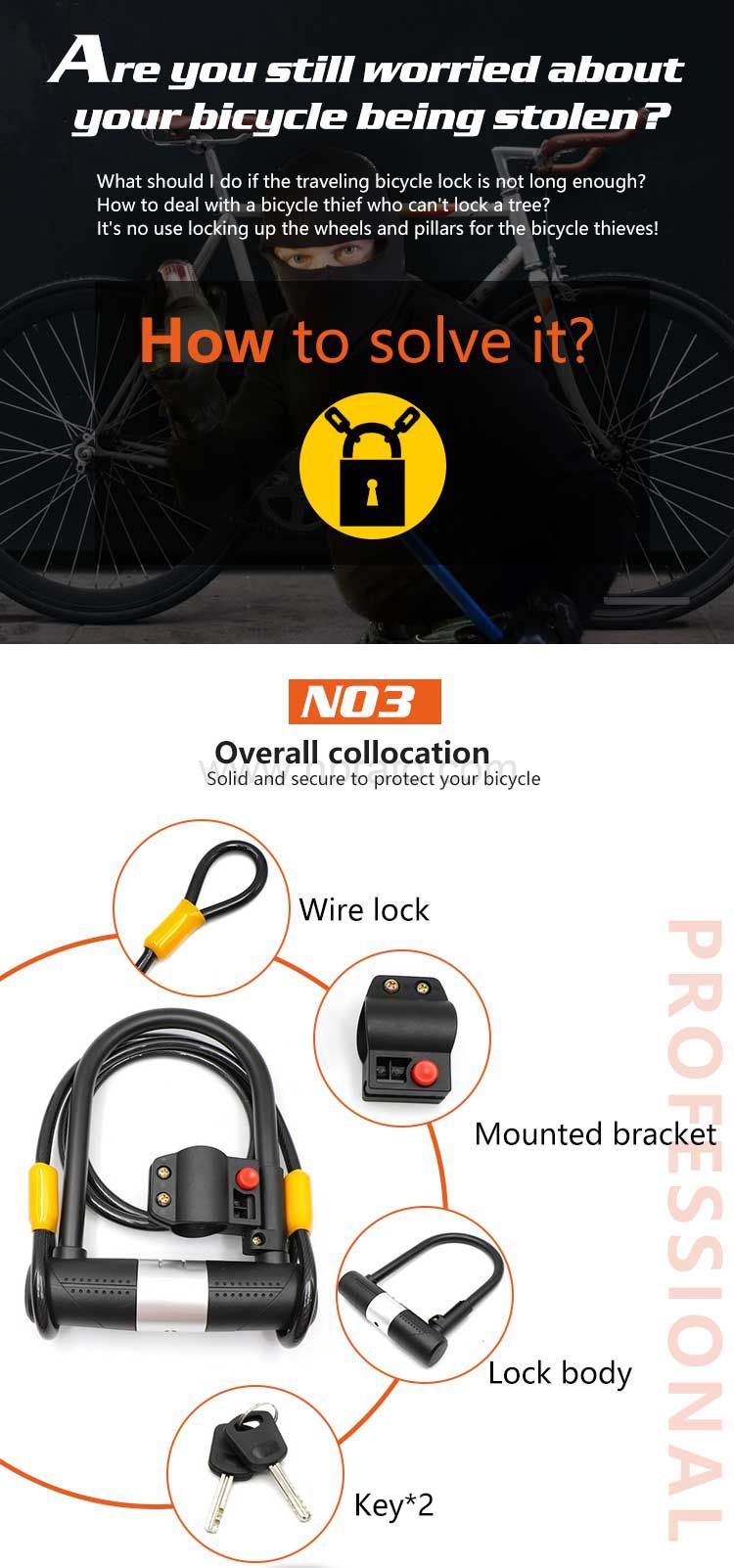 16mm steel shackle Heavy Duty Security U type bicycle Lock with cable
