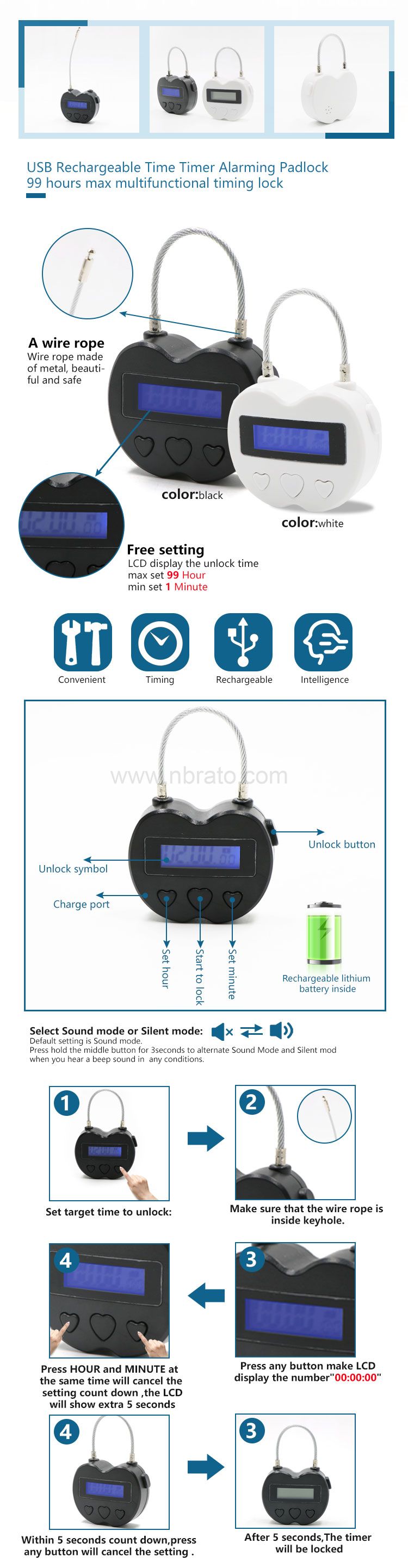 USB Rechargeable Time Timer Alarming Padlock 99 hours max multifunctional timing lock USB Rechargeable Time Timer Alarming Padlock 99 hours max multifunctional timing lock