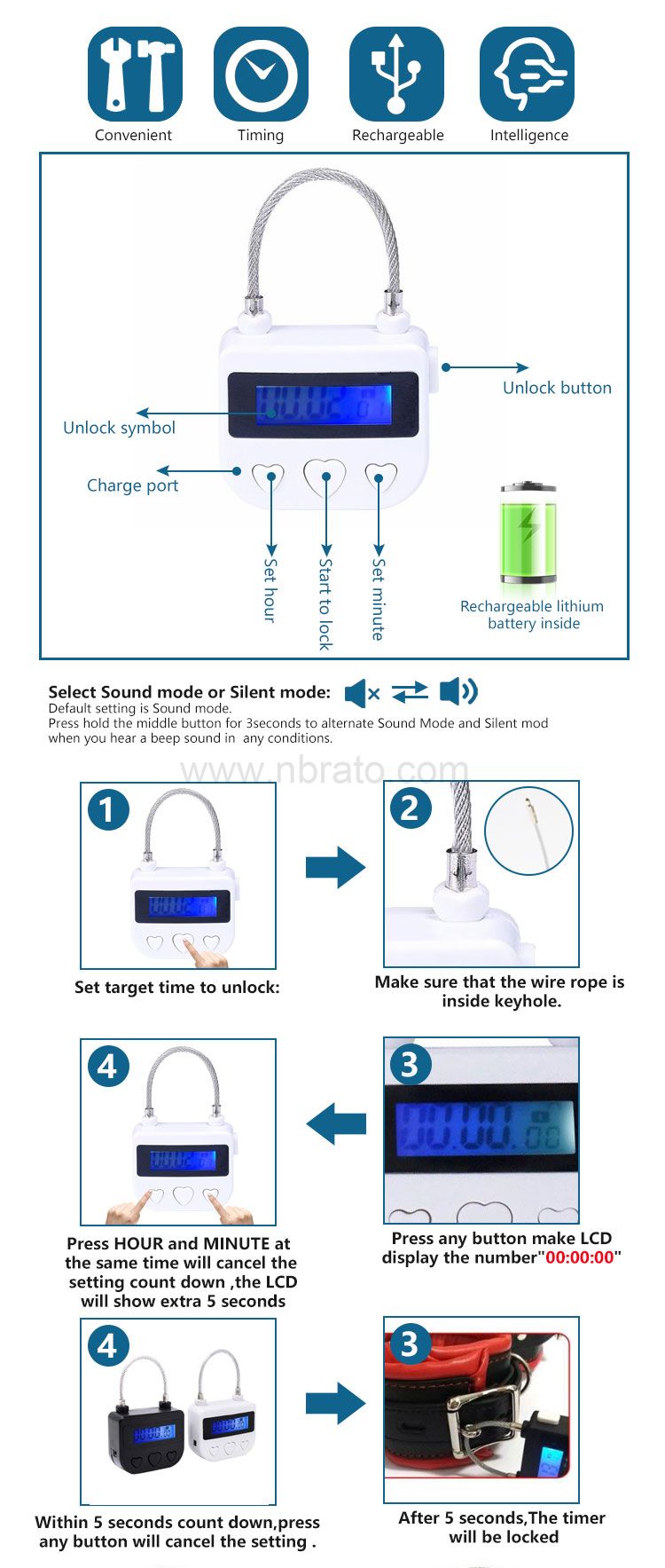 Liquid Crystal Display electronic cable Multifunctional Small bondage lock with Time Sex Lock