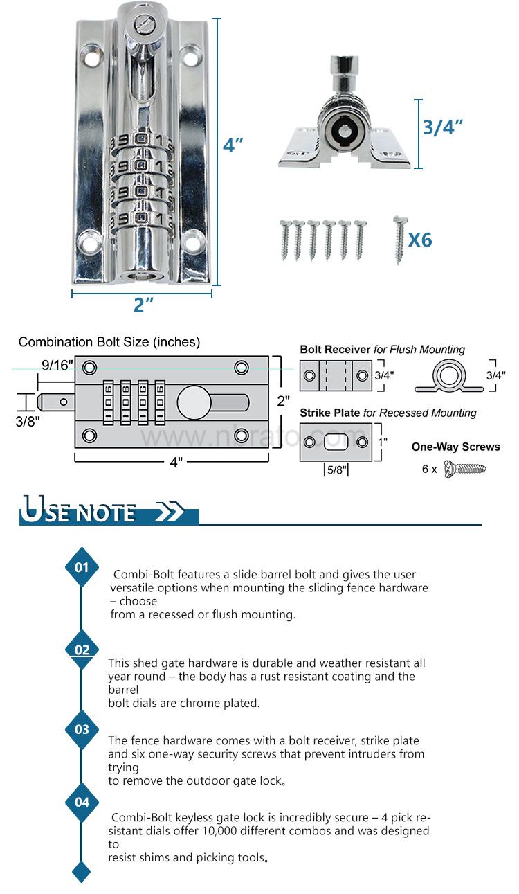 Outdoor use Combo Bolt 4-Dials Combination Sliding Bolt Latch door lock