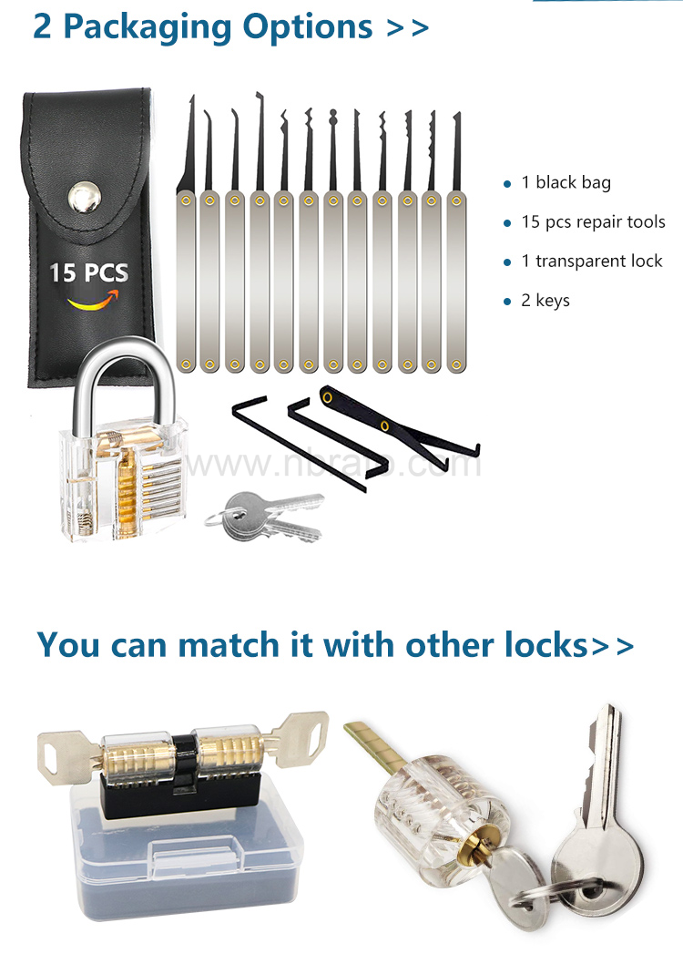 Stainless Steel 15 pcs professional unlocking Lock Pick Set Lock Smith Training Tools with one Transparent Padlock