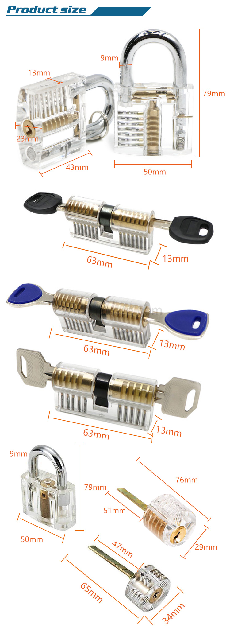 Wholesale 7 Pieces removing hooks locksmith training tool lock pick skill practice Transparent lock
