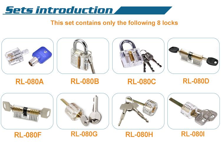 8-Piece Practice Lock Set for Beginner and Pro Locksmiths Transparent Padlock Professional Lock Picking Tool Kit