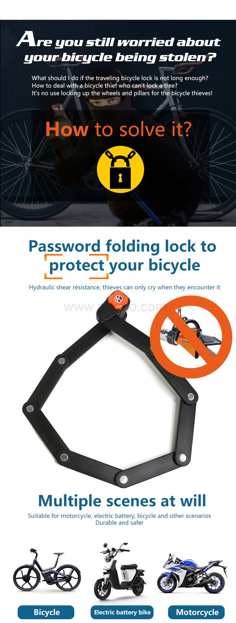 High Security Heavy Duty 4- Digit Code Bicycle Security Lock Folding Keyless Bike Lock