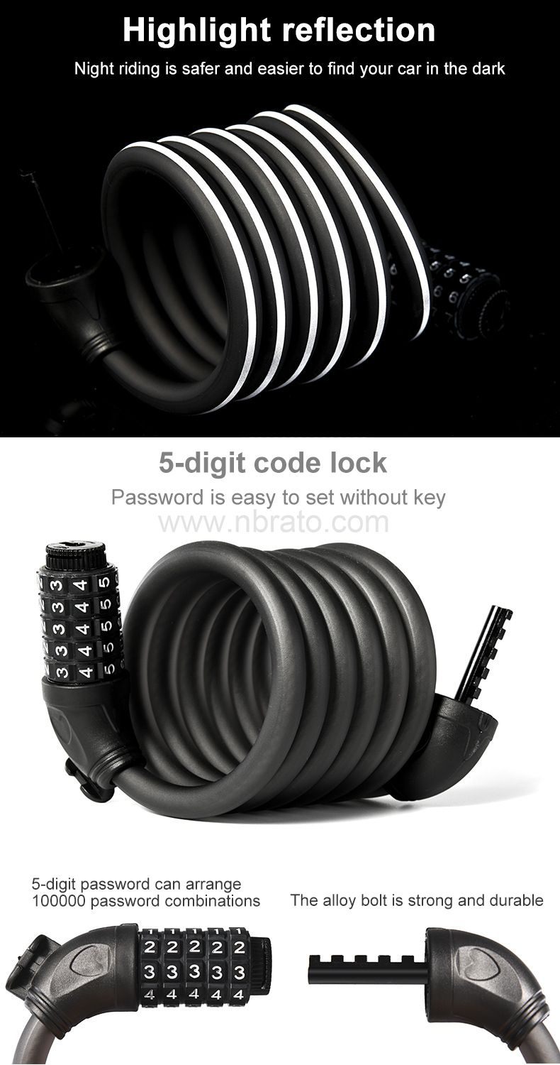 Bicycle anti-theft folding Stretchable and portable ring type steel cable 5-digit password lock reflective
