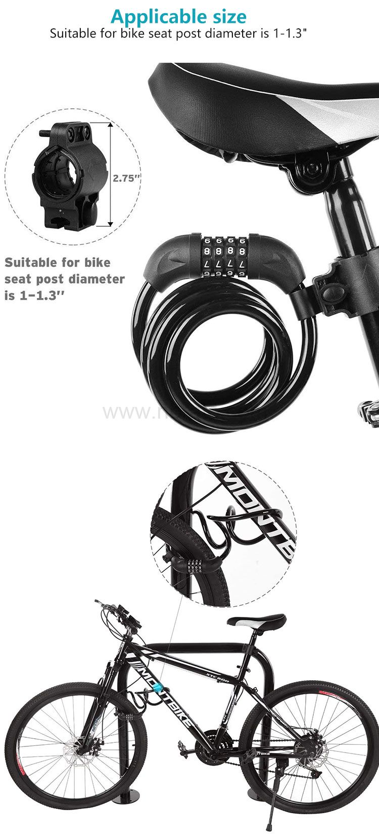 Coiled Secure Resettable 5-digit Mounting bracket Combination Zinc alloy lock cylinder Bike Cable Lock