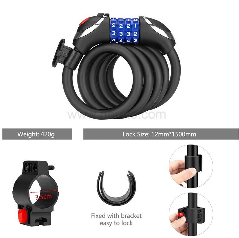 Bike Lock with LED Night Light 4-Digit Resettable Number Combination Cable Lock