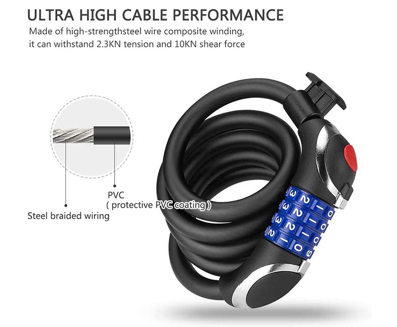 Bike Lock with LED Night Light 4-Digit Resettable Number Combination Cable Lock