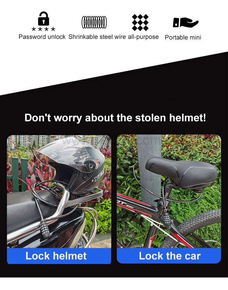 Hot selling bicycle lengthened and thickened PVC wrapped 4-digit password steel helmet lock