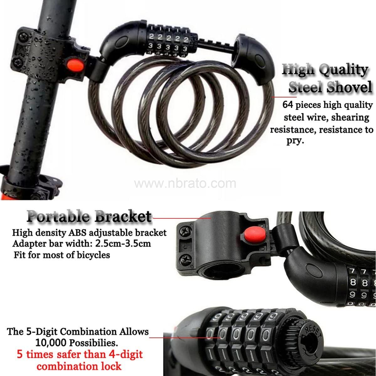 Bike Lock Security 5 Digit Resettable Combination Coiling bicycle Cable Lock