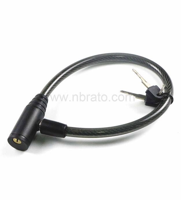 OEM length steel alloy cable covered with a flexible black plastic bicycle key cable lock