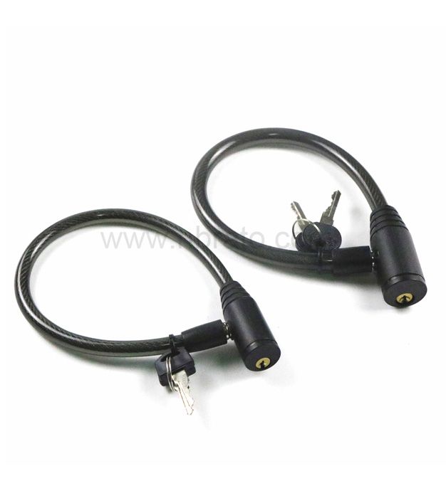 OEM length steel alloy cable covered with a flexible black plastic bicycle key cable lock