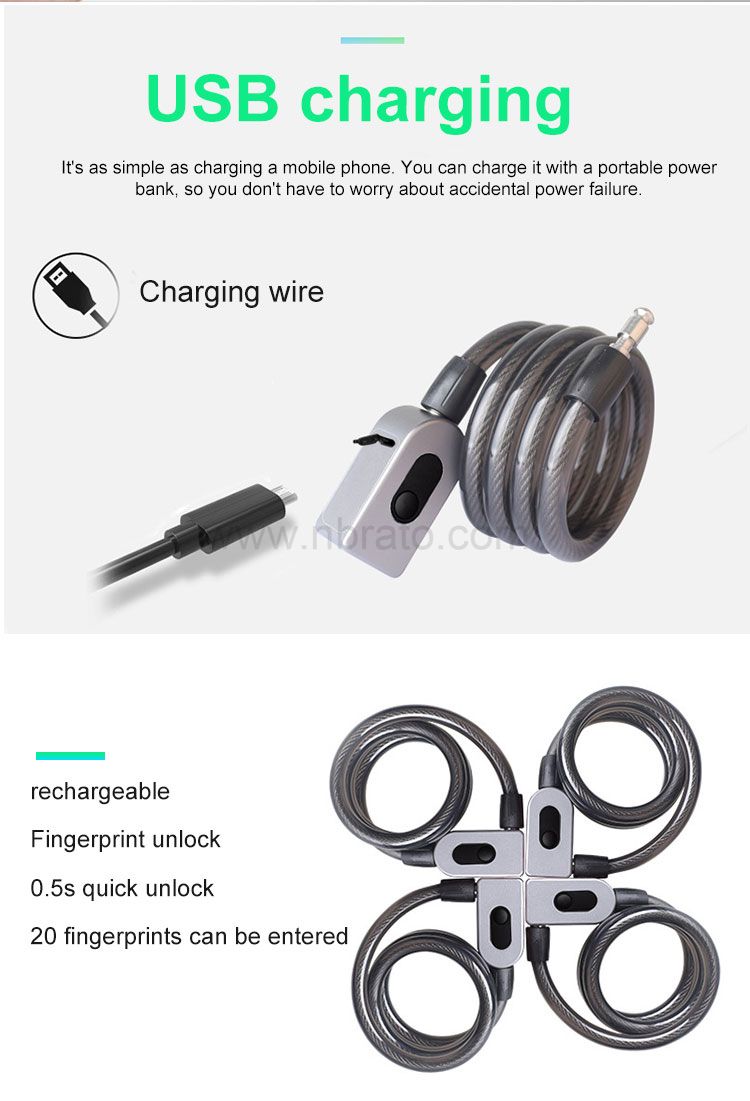 Foldable 1.0m Long Steel Ring Cable USB Charging Smart Fingerprint Bicycle Lock