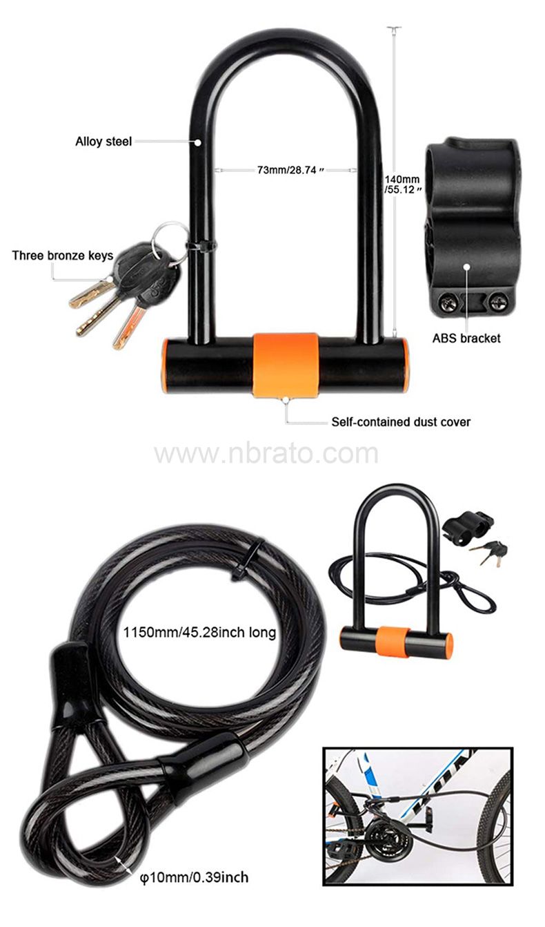 Bike U Lock with Cable Bike Lock Heavy Duty Bicycle U-Lock