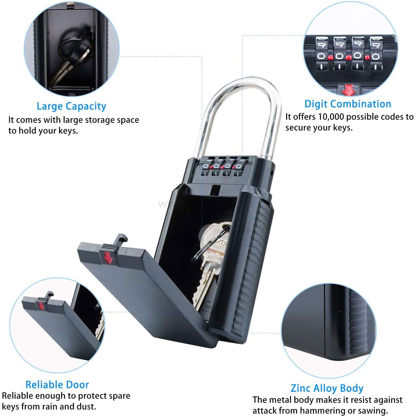 Portable anti theft metal hook key box with waterproof rain cover 4-digit code lock