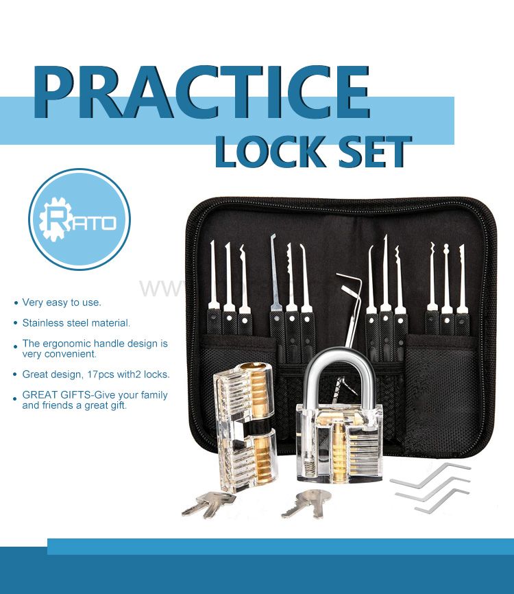 Premium Practice 7 pin tubular Lock Picking Tools with 2 Transparent padlock 17 pcs lock pick set