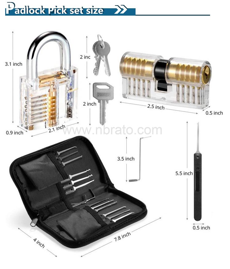 Premium Practice 7 pin tubular Lock Picking Tools with 2 Transparent padlock 17 pcs lock pick set