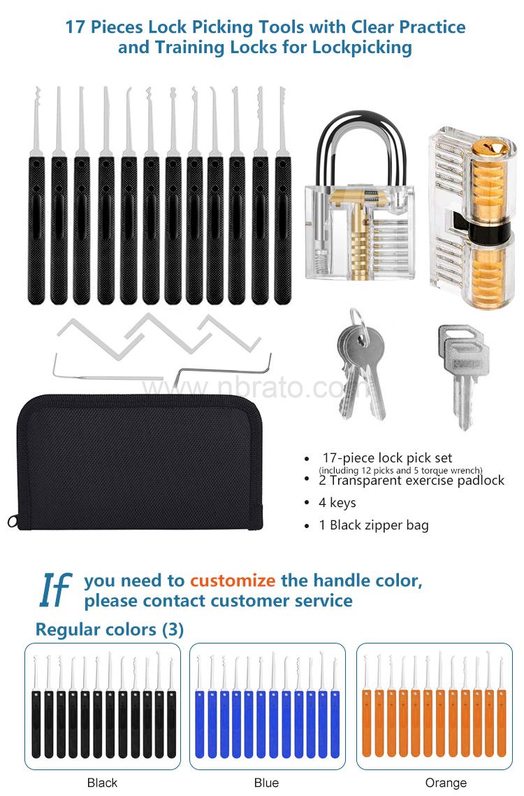 Premium Practice 7 pin tubular Lock Picking Tools with 2 Transparent padlock 17 pcs lock pick set