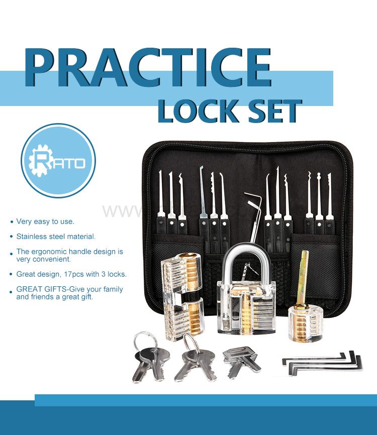 Stainless Steel 17 Tools 3 Locks 6 Keys and 3 Protective Cover Lock Pick Training Set
