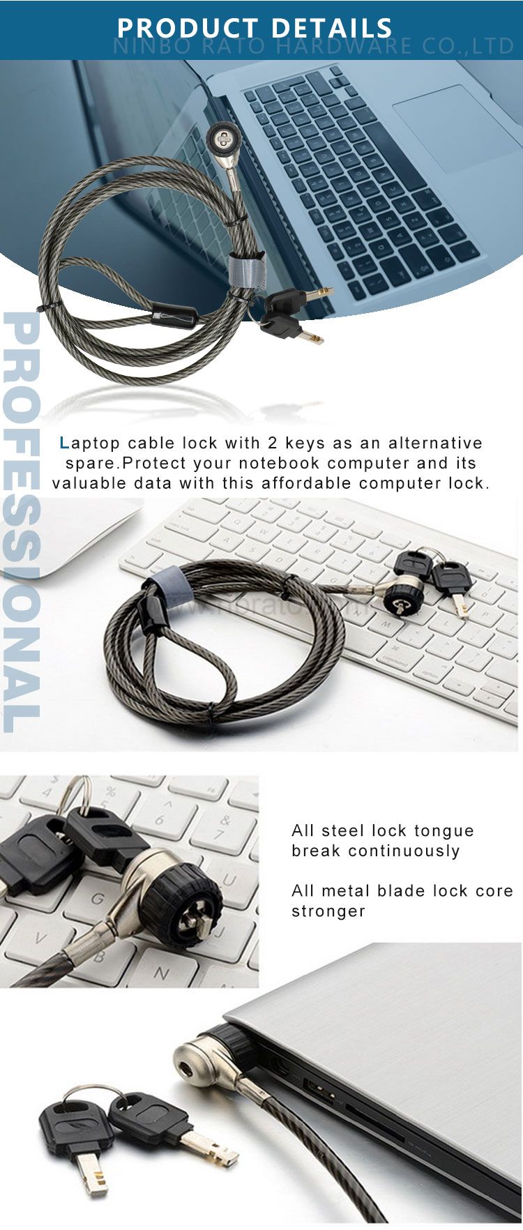 Metal steel 6mm thickened wire computer lock black security cable keyed laptop lock notebook lock