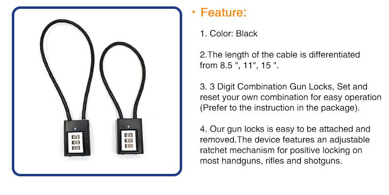 Retractable Wire Padlock lock 11 inches 3 Numbers Safe Combination Cable Gun Locks